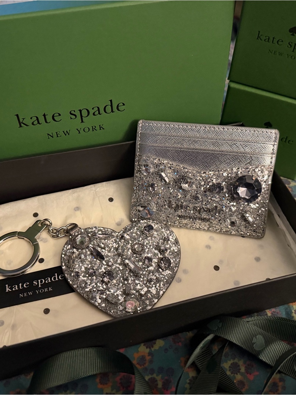 kate spade silver glitter cardholder with jeweled heart keychain - Picture 6 of 6